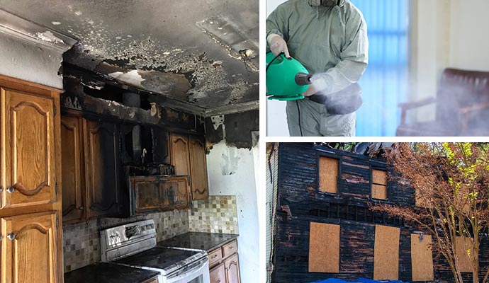 Collage of fire damaged kitchen, smoke odor removal and boarded-up house