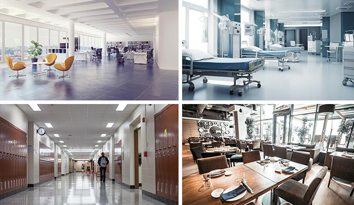 Collage of open space office, hospital ward, high school hallway and restaurant dining room