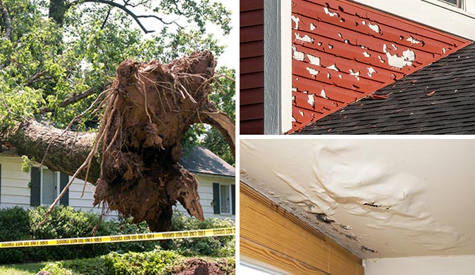 Collage of wind, hail and water damaged ceiling
