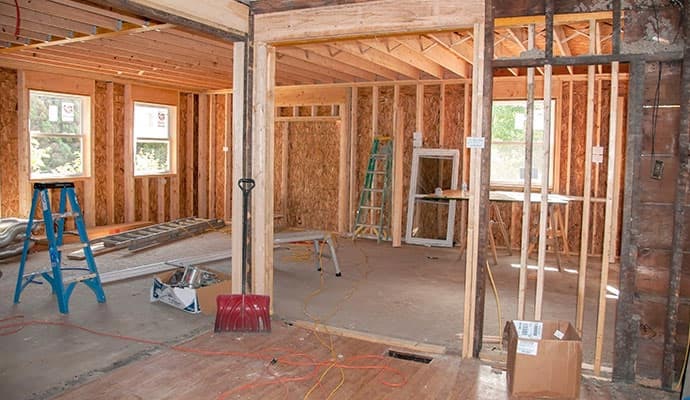 Interior view of a residential home under major reconstruction