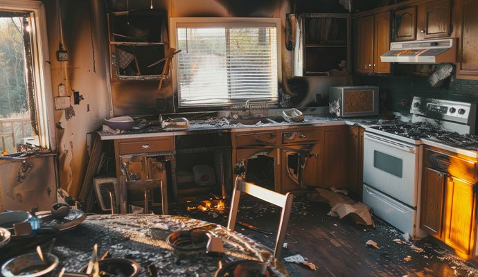 An interior view of a fire damaged residential kitchen