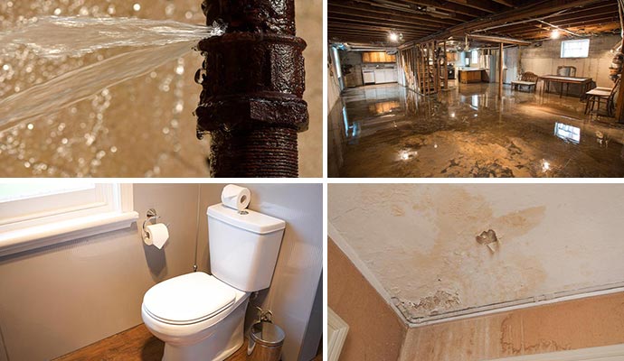Collage of broken water pipe, flooded basement, clean bathroom and water damaged ceiling