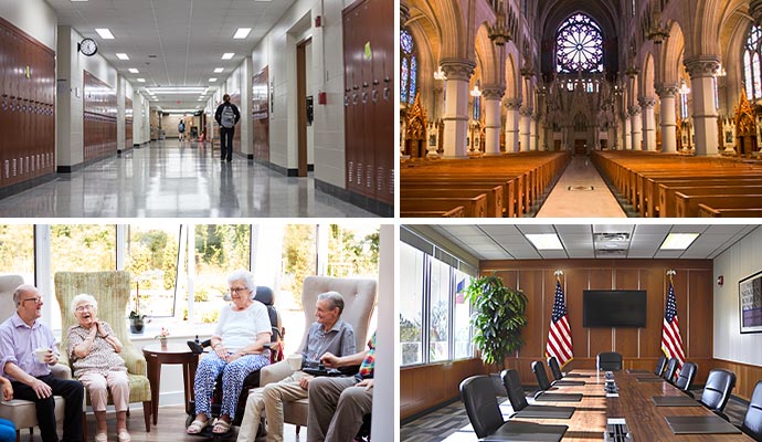 Collage of school, church, senior living home and government office interior