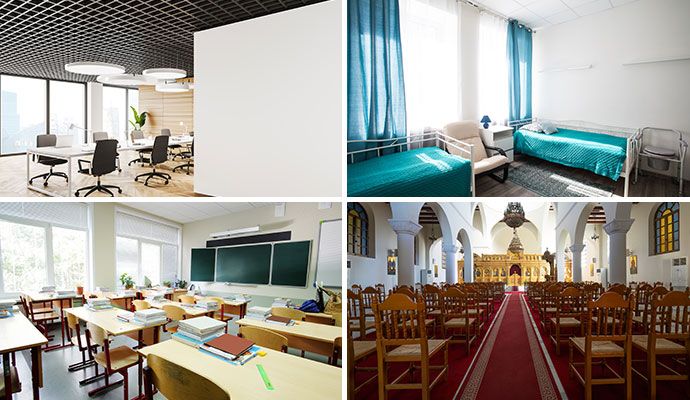 A collage of office, assisted living facility, classroom, and church