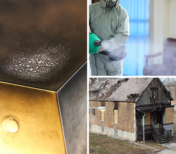 Collage of smoke soot damaged ceiling, smoke odor removal service and boarded-up house