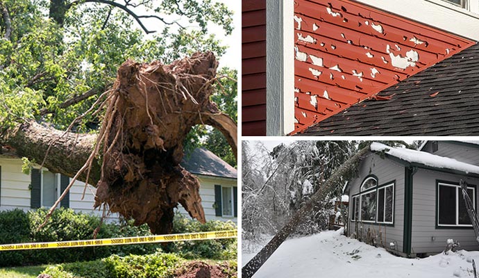 Collage of wind, hail, and heavy snow damaged property