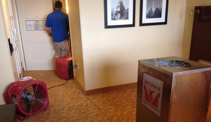 Water damage restoration in progress in a residential house