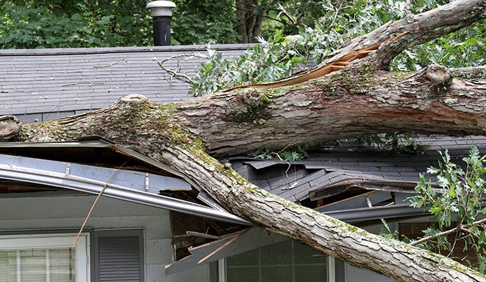 Storm damaged house roof