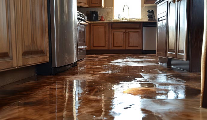 Plumbing leak damaged kitchen floor